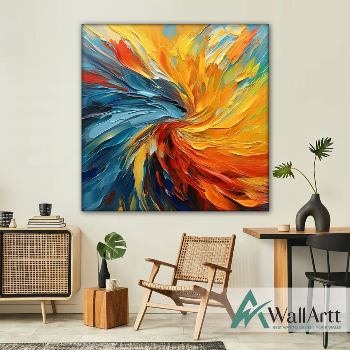 Abstract Orange Blue Splash 3D Heavy Textured Partial Oil Painting